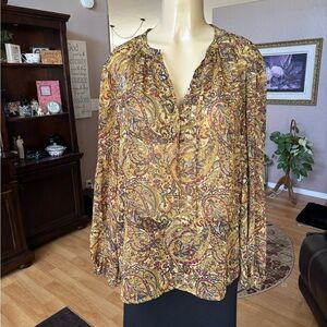 Linda Charm sheer paisley print long sleeve Vneck blouse-size XL